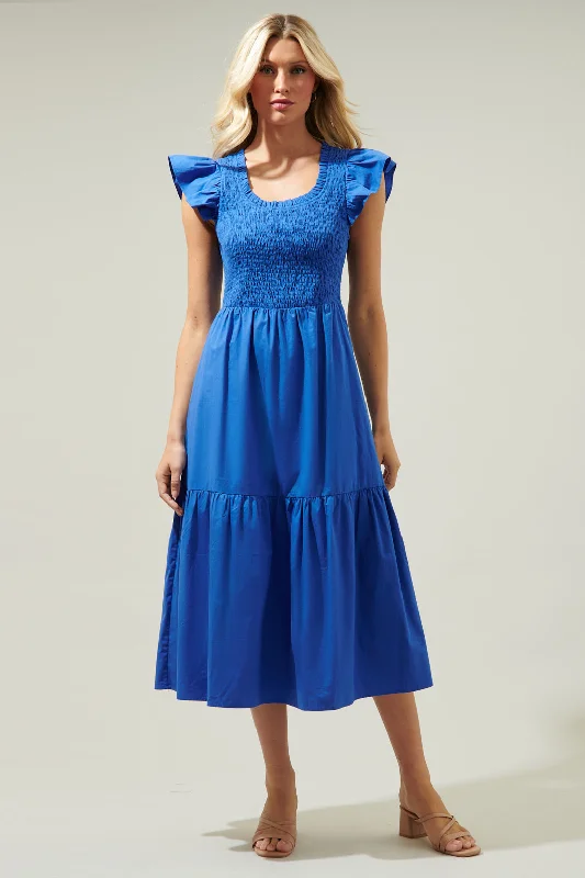 Midi Dresses for Trendy Fall Gatherings-Ingrid Poplin Smocked Tiered Midi Dress