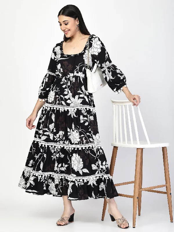 Midi Dresses for Casual Day Events-Printed Tiered midi Dress