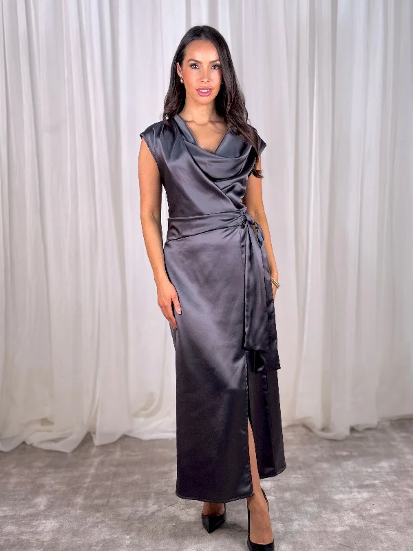 Midi Dresses for Formal Family Gatherings-Pia Drape Front Dress In Charcoal