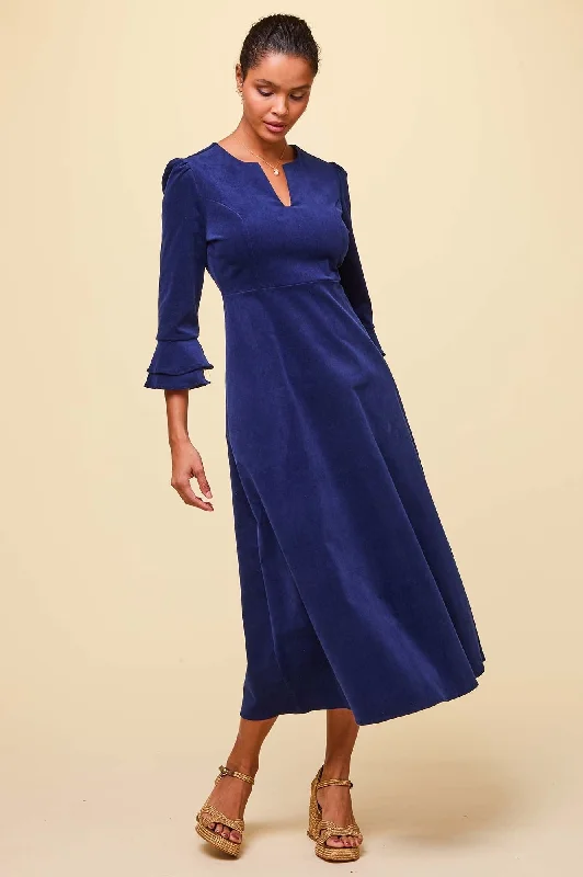 Midi Dresses for Office Looks-Jocelyn V-Neck 3/4 Sleeve Stretch Corduroy Dress | Atlantic Blue