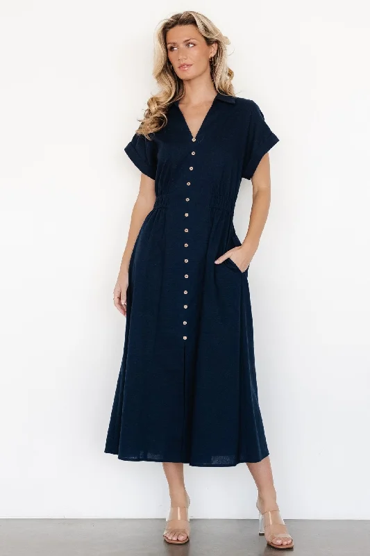 Midi Dresses for Formal Wear in Winter-Larah Button Dress | Navy Blue