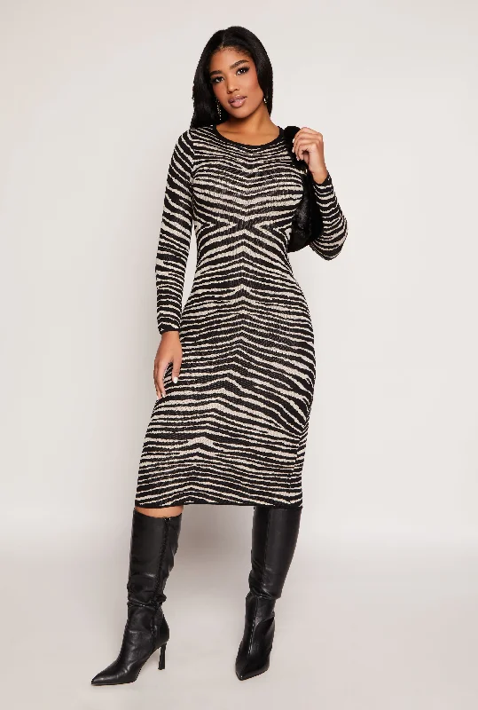 Midi Dresses for Spring Day Events-Almost Famous Zebra Lace Up Back Sweater Dress