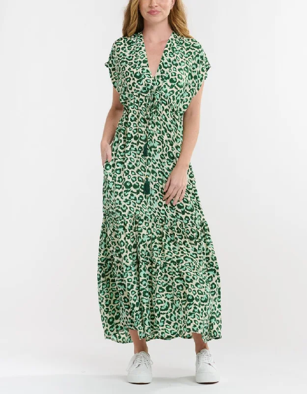 Midi Dresses with Animal Print Patterns-Patchwork Midi Dress - Green Leopard