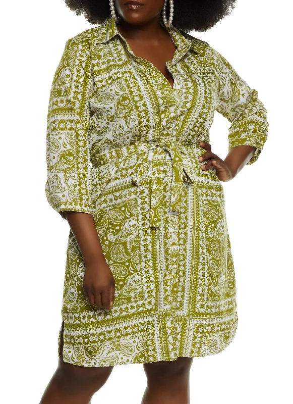 Midi Dresses with Wrap Waist-Plus Size Paisley Print Belted Shirt Dress