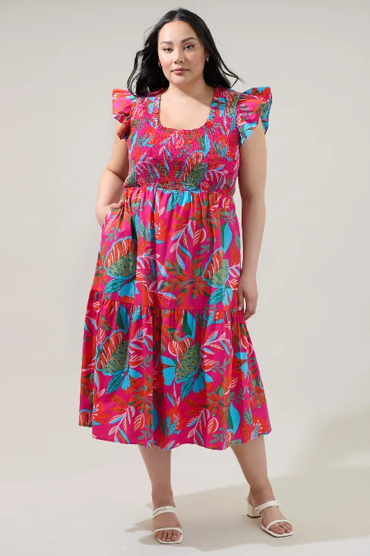 Midi Dresses for Trendy Summer Day Wear-Cactus Blossom Giza Glare Smock Tiered Midi Dress Curve