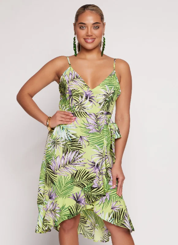 Midi Dresses for Casual Family Gatherings-Tropical Print Faux Wrap Tulip Hem Dress