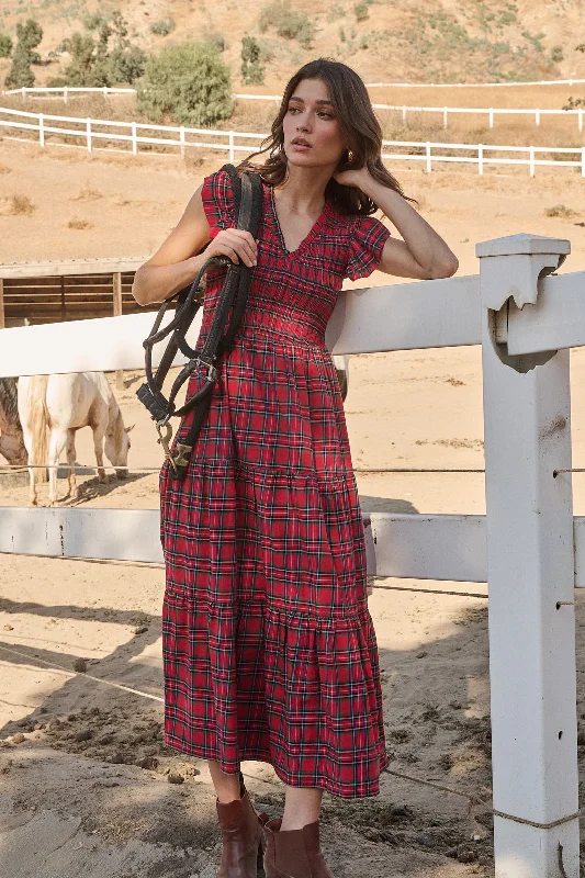 Midi Dresses for Casual Family Gatherings-Arvada Plaid Sunfire Smocked Bodice Tiered Midi Dress