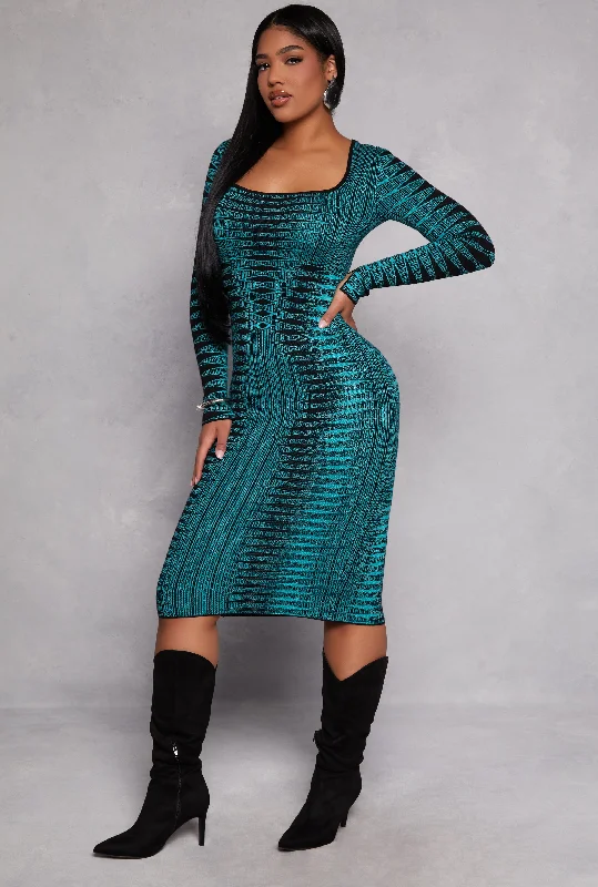 Midi Dresses with High Neckline-Abstract Patterned Sweater Dress