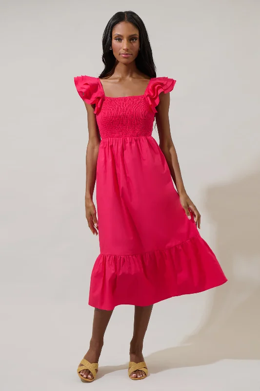 Midi Dresses with Ribbon Detail-Girona Smocked Ruffle Midi Dress