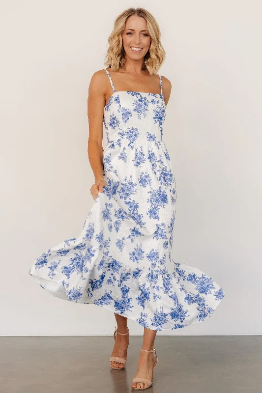 Midi Dresses for Trendy Day Wear in Fall-Cherie Jacquard Dress | Off White + Blue Floral