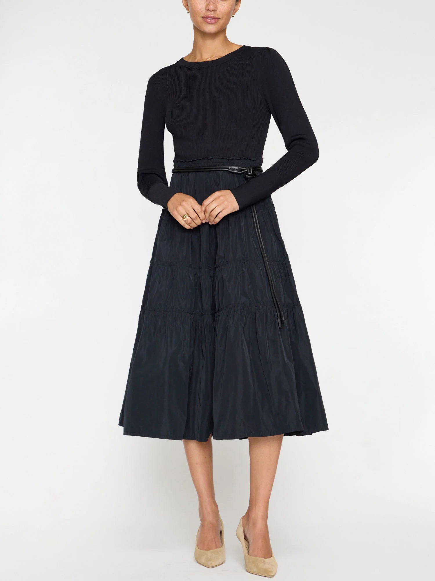 Midi Dresses for Family Gatherings in Fall-Ava Tiered Dress Black Onyx Combo