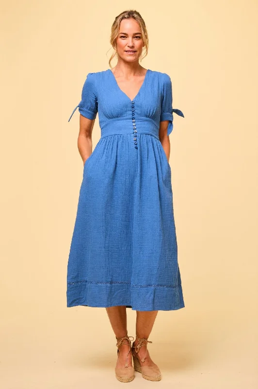 Midi Dresses with Floral Prints-Olga Cheesecloth Dress | Marina Blue