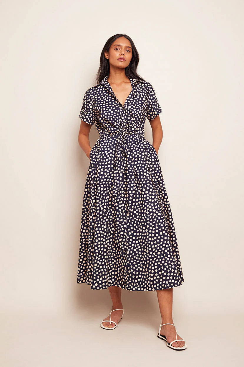 Midi Dresses for Trendy Casual Day Outfits-Asbury Midi Dress Abstract Dot Navy