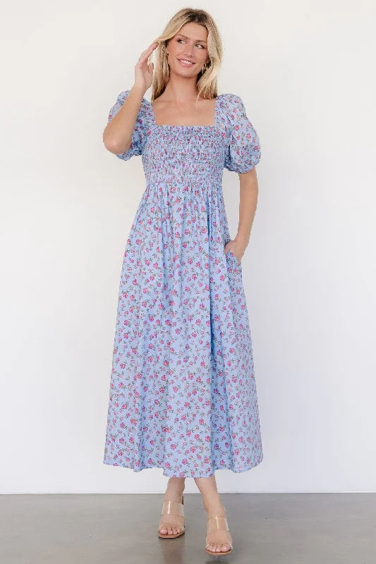 Midi Dresses for Elegant Winter Outfits-Haddie Smocked Midi Dress | Light Blue + Rose Floral