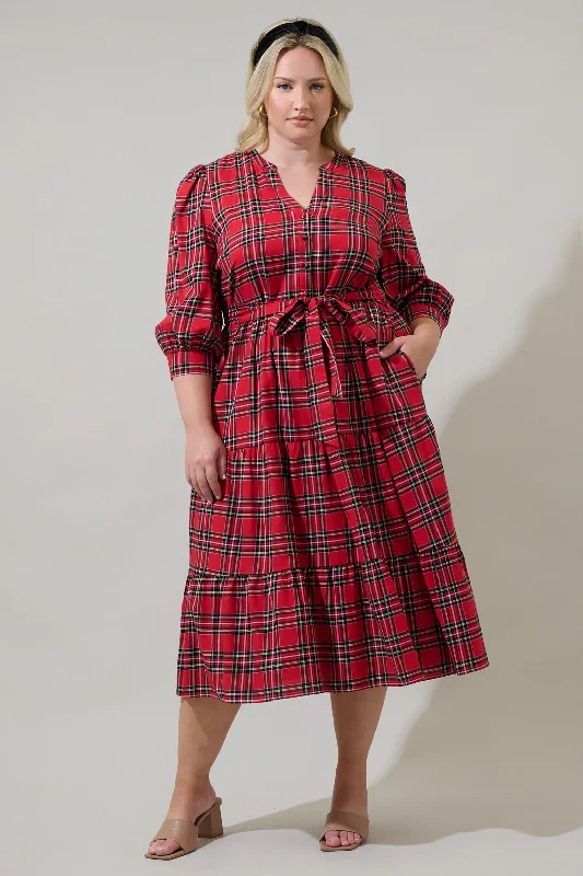 Midi Dresses for Trendy Office Fashion in Winter-Boswell Tartan Plaid Yanis Button Up Midi Dress Curve