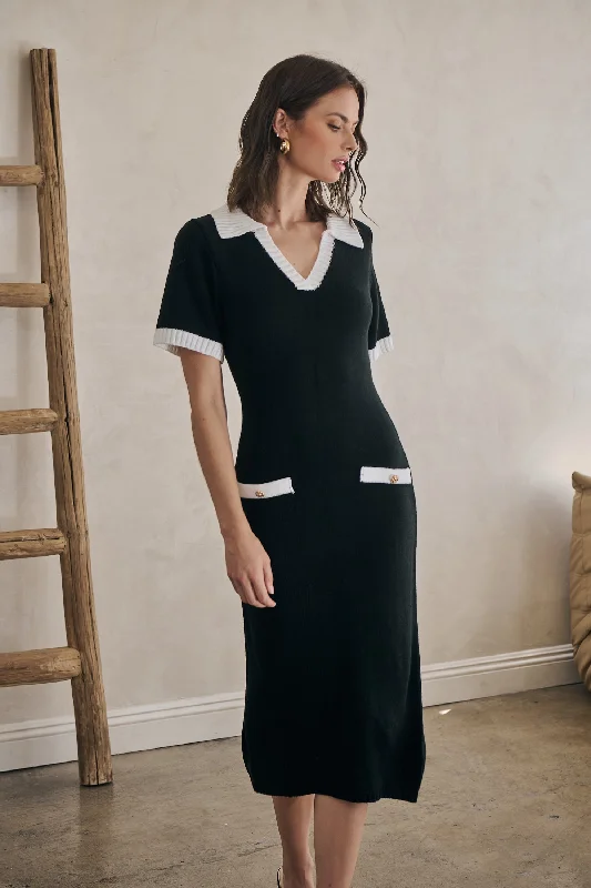 Midi Dresses with Belted Waist Design-Rison Collared Midi Sweater Dress