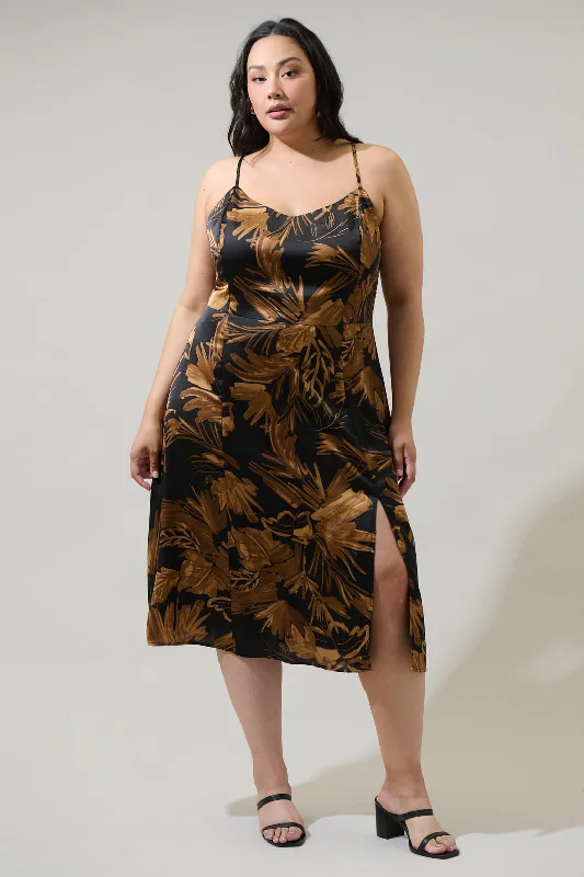 Midi Dresses for Trendy Spring Holiday-Palm Tropics Midnight Parting Ways Satin Midi Dress Curve