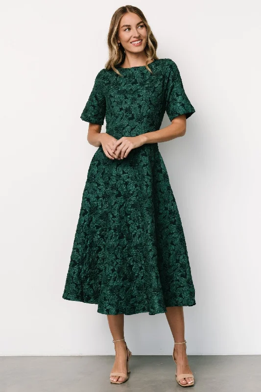 Midi Dresses for Formal Day Gatherings-Kya Embossed Midi Dress | Emerald Green