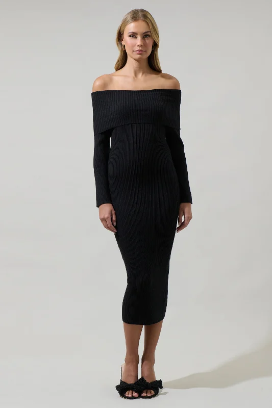 Midi Dresses with Pockets-Vonnie Off the Shoulder Midi Sweater Dress