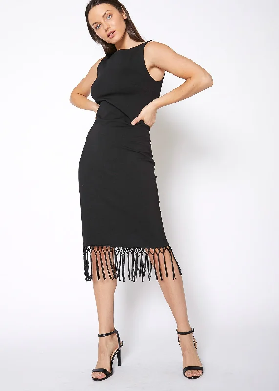 Midi Dresses for Spring and Summer Gatherings-Tassel Hem Sleeveless Midi Bodycon Dress in Black