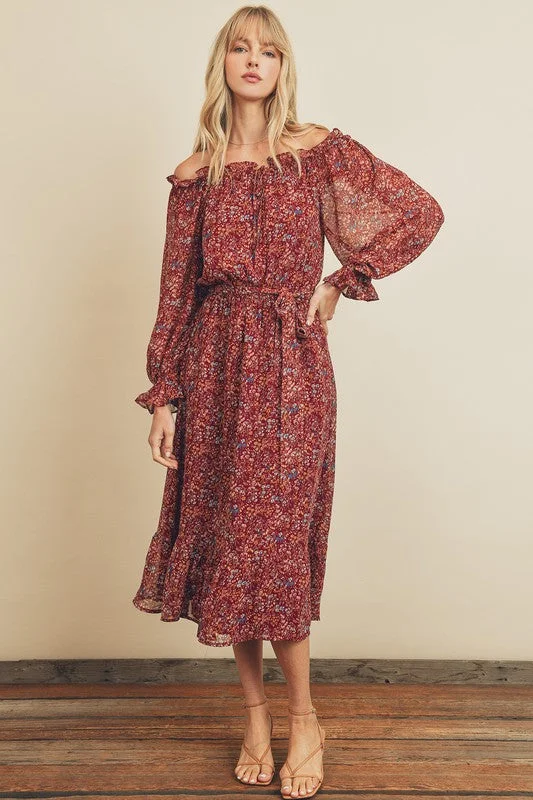 Midi Dresses with Twist Front-Ditsy Floral Midi Dress