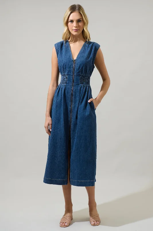 Midi Dresses for Trendy Summer Day Events-Gabriella Denim Lula Sleeveless Smocked Midi Dress