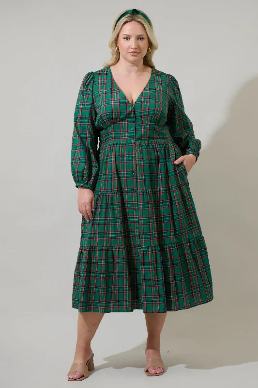 Midi Dresses for Garden Parties-Jace Plaid Shely Button Down Midi Dress Curve