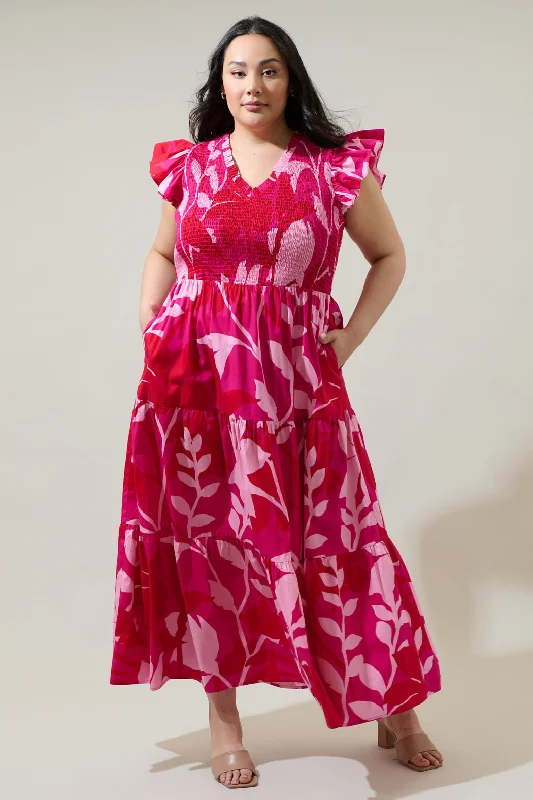 Midi Dresses with Button-Down Front-Mila Floral Sunfire Smocked Bodice Tiered Midi Dress Curve