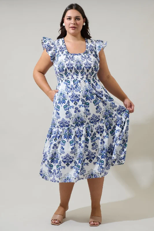 Midi Dresses with Tie Waist Design-Viara Floral Giza Glare Smock Tiered Midi Dress Curve