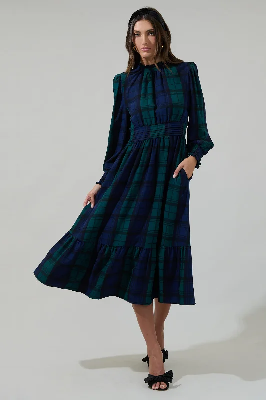 Midi Dresses for Winter Occasions-Hudson Plaid Caitlyn Smock Sleeve Midi Dress