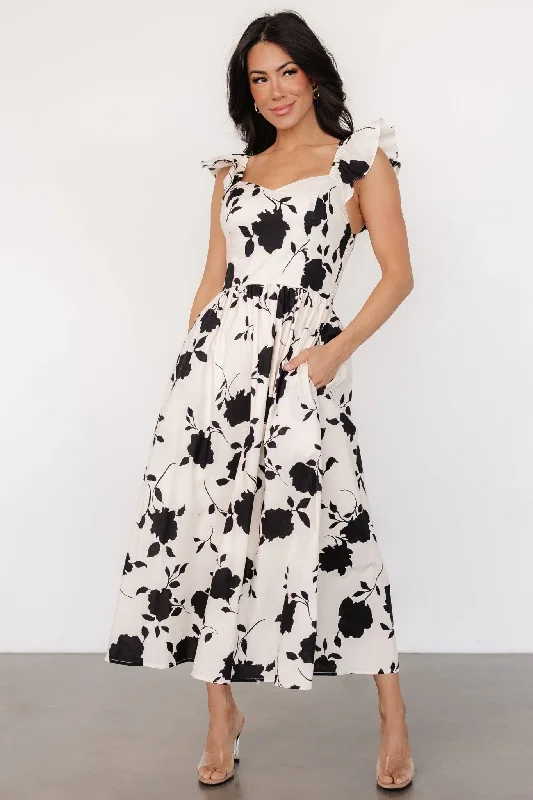 Midi Dresses for Stylish Weddings-Bridget Midi Dress | Ivory + Black Floral