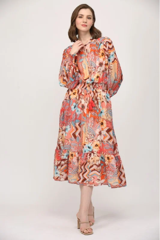 Midi Dresses for Casual Office Wear-Fall Floral Patchwork Midi Dress