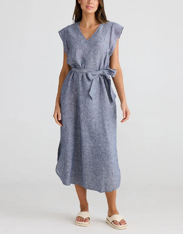 Midi Dresses for Comfortable Workwear-Sebou Linen Midi Dress - Navy Fleck