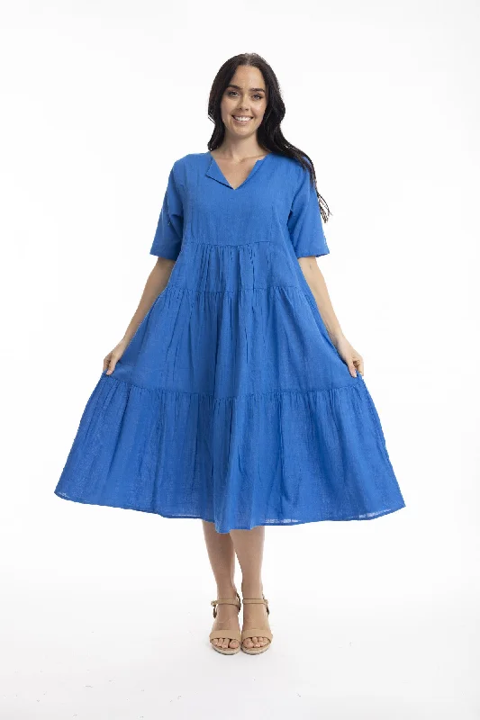 Midi Dresses for Formal Cocktail Gatherings-Cotton Layered Midi Dress - Electric Blue