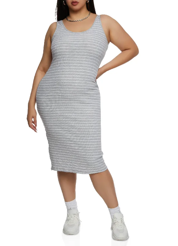 Midi Dresses for Wedding Guests-Plus Size Rib Knit Striped Midi Tank Dress