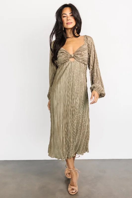 Midi Dresses for Comfortable Day Outfits in Fall-Amani Pleated Midi Dress | Olive