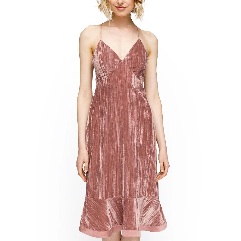 Midi Dresses for Trendy Summer Weddings-Women's Velvet Spaghetti Strap Ruffle Hem Midi Dress