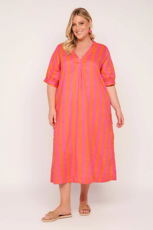 Midi Dresses with Pleated Detail-Kora A-Line Linen Midi Dress in Afterglow