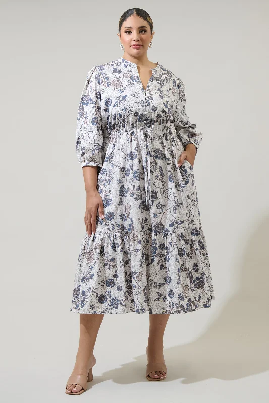 Midi Dresses for Fall Fashion Shows-Bryony Floral Zinnia Split Neck Midi Dress Curve