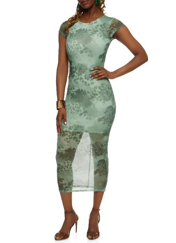 Midi Dresses for Trendy Family Gatherings-Mesh Printed Short Sleeve Midi Dress