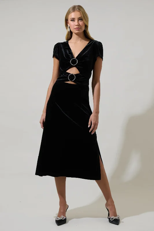 Midi Dresses for Trendy Summer Gatherings-Fridley Velvet Cut Out Midi Dress