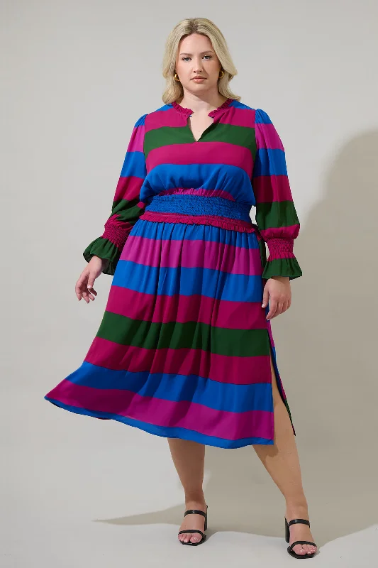 Midi Dresses with Sheer Details for Weddings-Saige Striped Ria Smocked Midi Dress Curve