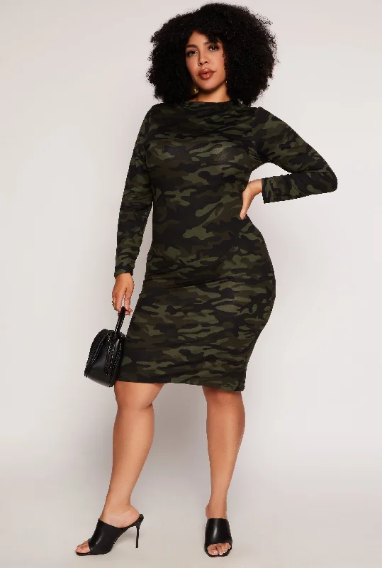 Midi Dresses for Spring Occasions-Plus Size Camo Long Sleeve Dress