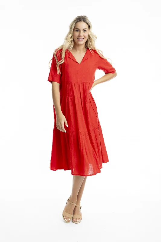 Midi Dresses for Trendy Evening Wear-Cotton Layered Midi Dress - Scarlet