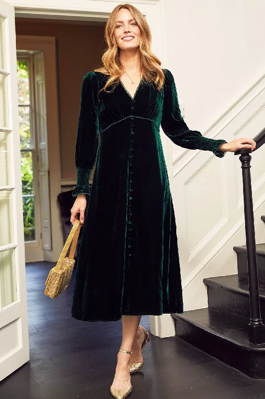 Midi Dresses with Ruffled Sleeves-Long Sleeve Velvet Sally Anne | Emerald