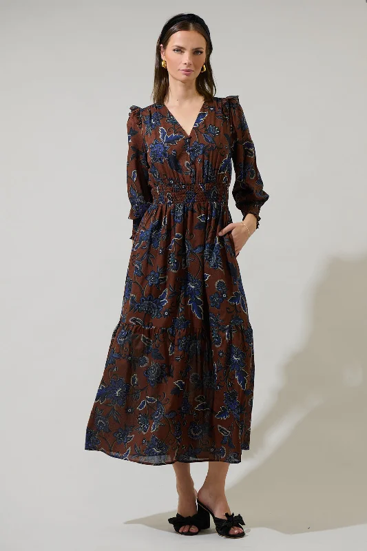 Midi Dresses for Casual Family Gatherings in Fall-Marlina Floral Norma Long Sleeve Midi Dress