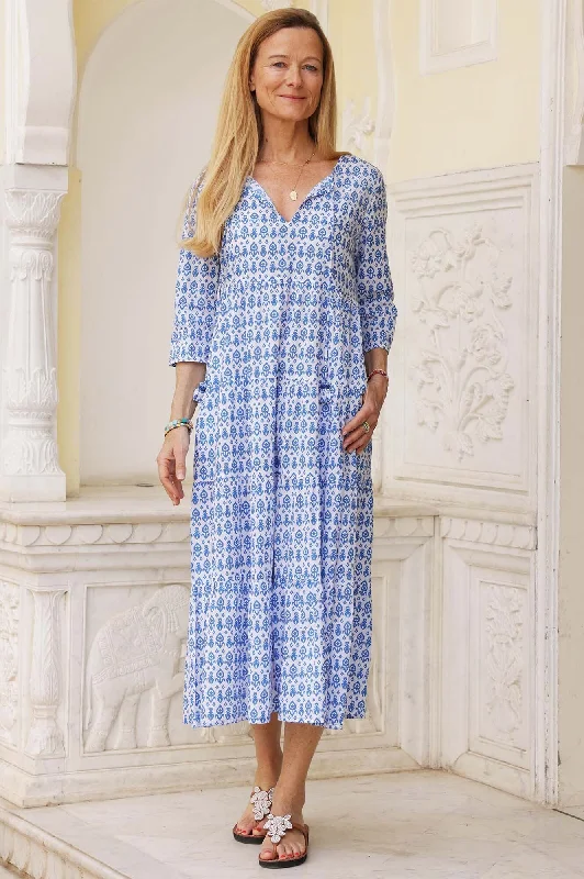 Midi Dresses for Spring Weekend Getaways-Emma Cotton Dress | Tear Drop Flower White/Blue