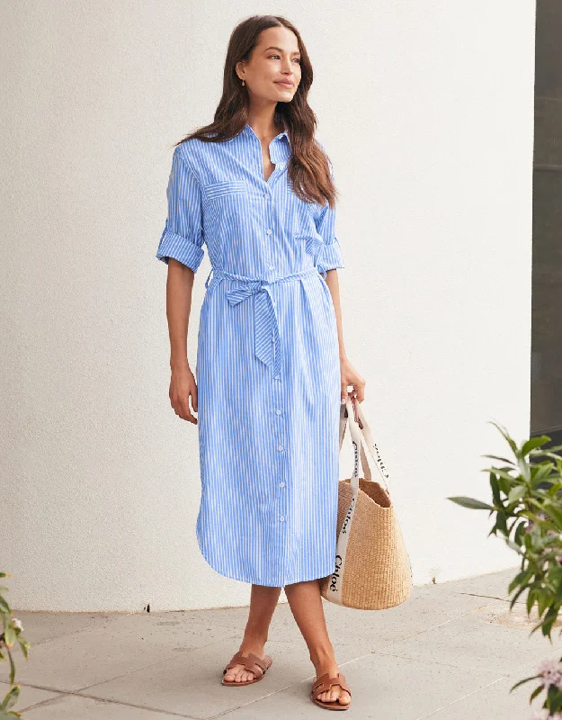 Midi Dresses for Spring Fashion Shows-Hayley Shirt Dress - Blue/White Stripe