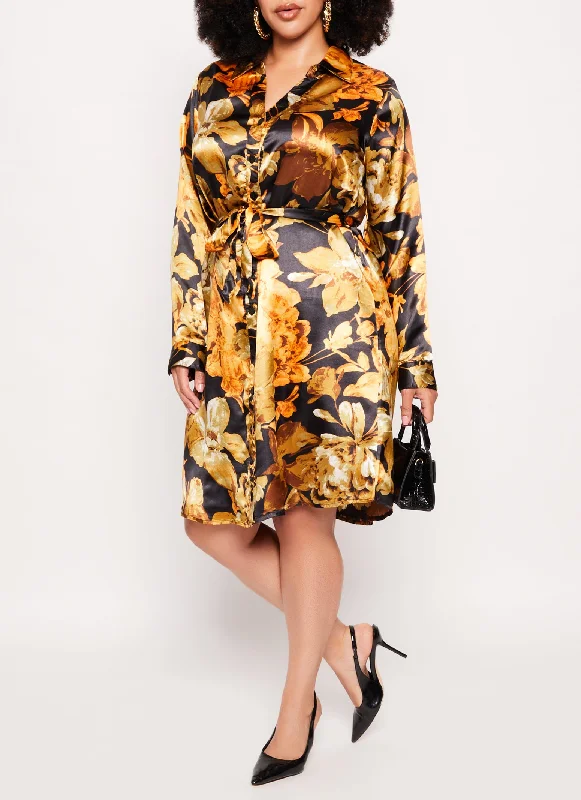 Midi Dresses for Evening Weddings-Plus Size Satin Floral Print Shirt Dress