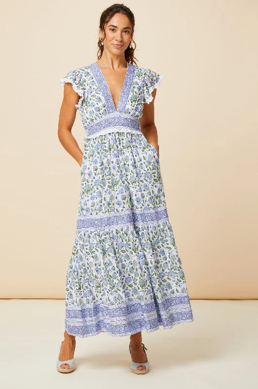 Midi Dresses with Pleated Waist-Pippa Block Print Dress | Blue/Green